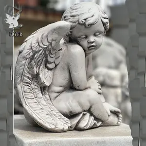 Jardín piedra tallada escultura al aire libre Ángel niño decoración tamaño real mármol blanco Memorial bebé Ángel estatuilla