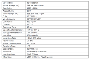 จอแสดงผลอุตสาหกรรมขนาด 32 นิ้ว แบบ Capacitive Multi Point Interface ความละเอียด Full HD รองรับ HDMI DVI VGA ตัวเรือนโลหะ พร้อมขาแขวนแบบ VESA - Product Image 3
