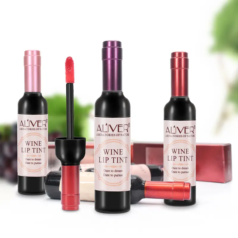 Lipstik Explosion ALIVER Lip Gloss Mini, Pewarna Anggur Merah Cair Botol Anggur Glasir Lip Gloss Tidak Lengket Ke Kaca