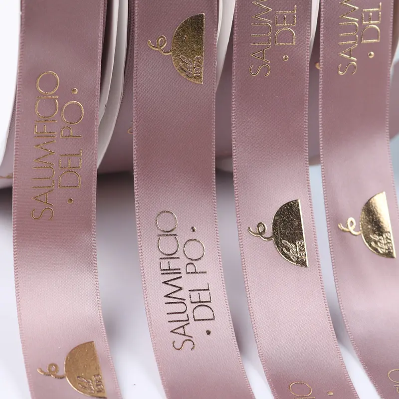 Grosgrain Ribbon Custom Size 1inch 2.5cm Gold Foil Logo Brand Artwork Pink Satin Grosgrain Ribbon For Packaging Decoration
