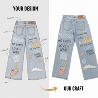 Jeans en denim pour homme coupe ample style hip-hop, imprimé artistique brodé étoile lune palmier, 14oz poids moyen, fabricant OEM