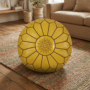 Housse de pouf ronde jaune brodée en cuir véritable faite à la main, personnalisable, style bohème, décoration intérieure unie - Product Image 3