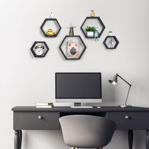 Set Of 6 Hexagon <strong>Floating</strong> <strong>Shelves</strong> Wall Mounted Honeycomb Design For Kitchen Home Decor In Wood Metal Plastic Material - Product Image 2
