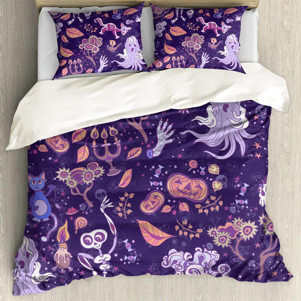 Fundas de edredón de alta calidad con estampado de calabaza fantasma para Halloween, juego de ropa de cama con estampado de dibujos animados, color púrpura oscuro y rosa