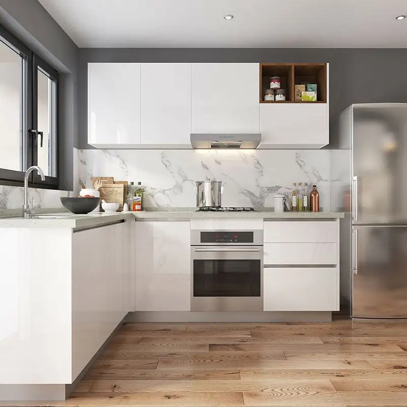 Mermer masa özel Modern kat toptan dolapları katı ahşap beyaz çift lavabo Metal mutfak dolabı mutfak dolabı