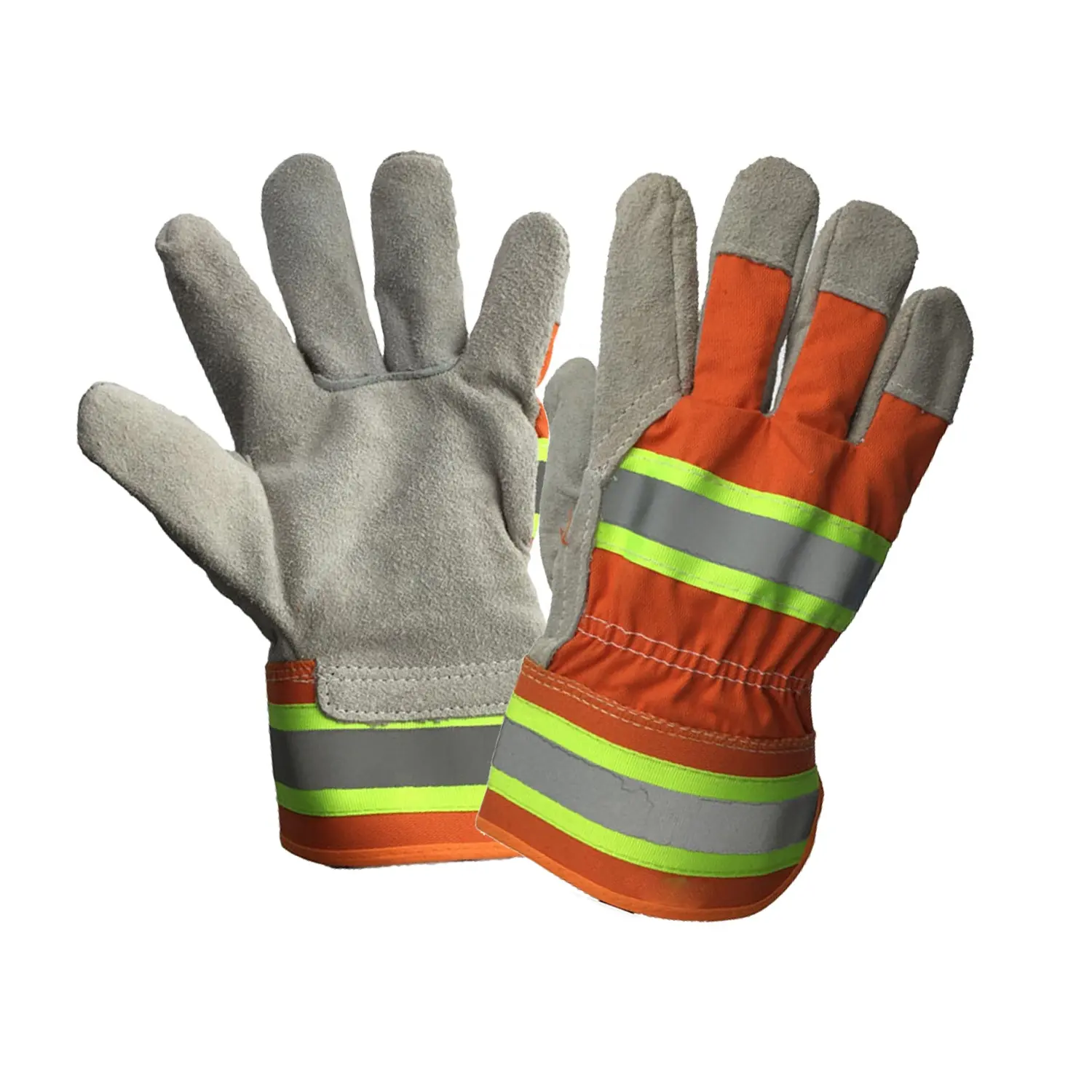 GL1013A Gants de circulation orange haute visibilité Gants de travail de sécurité en cuir fendu de vache avec bande réfléchissante