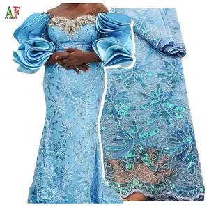 वायुसेना नवीनतम अफ्रीकी सेक्विन शुद्ध फीता कपड़े 5 गज की दूरी पर नाइजीरियाई महिलाओं कढ़ाई फीता कपड़े के लिए पार्टी शादी का गाउन
