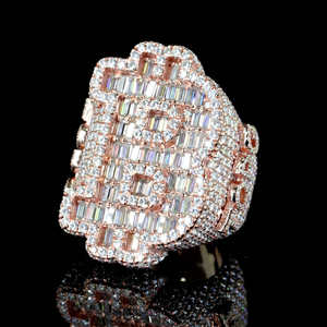 Rose <b>Gold</b> Plated <b>Cocktail</b> <b>Ring</b> With Baguette Cut Moissanite Pave Setting Letter Shape Luxury Statement Jewelry Unisex Party Wear - Product Image 1