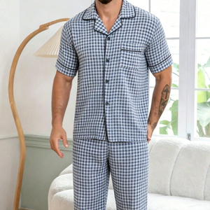 Men's Custom Blue Pajamas Summer Cotton 100%Lounge Set Men Bamboo Pajamas Wholesale OEM ODM Plus Size Soft <b>Clothes</b> - Product Image 1