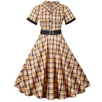 Robe d'été à imprimé écossais vintage pour femmes, robe décontractée élégante à manches courtes, col en V, robe de soirée slim avec ceinture, robe grande taille