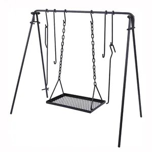 JH-Mech Grill Swing Campfire Cooking Stand with Adjustable Chains and Hooks Safe and Stable Campfire Grill Grate