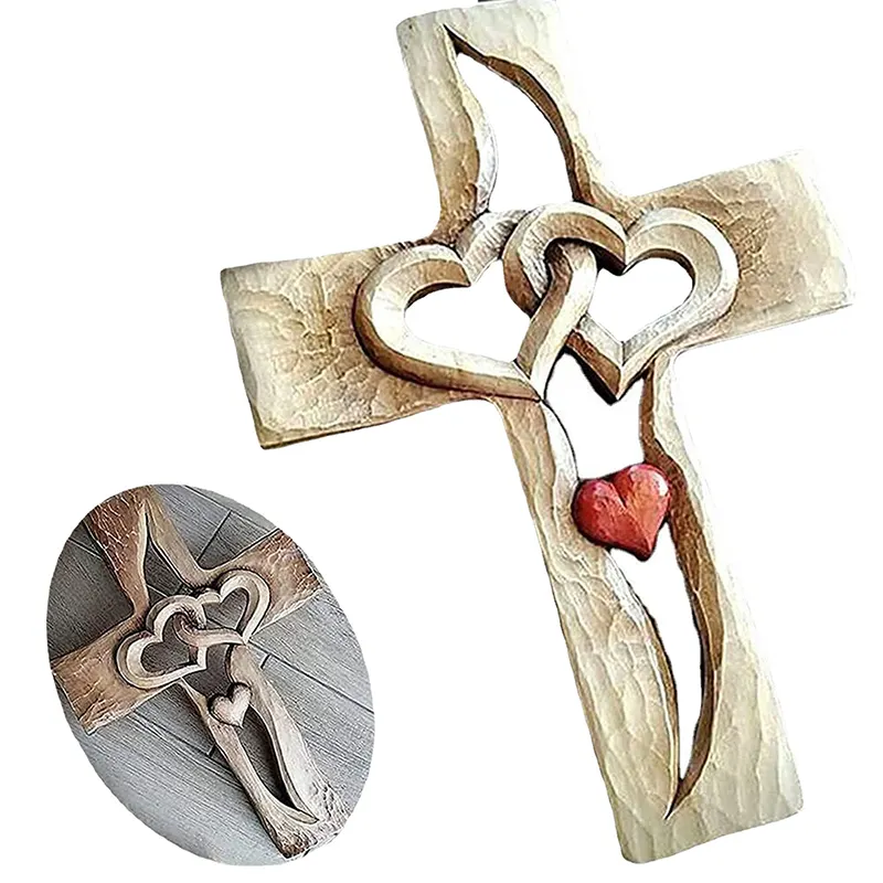 RisingMoon Christian Jewelry intagliato Craft cuori intrecciati a croce regalo per donna articoli per l'arredamento della casa croce in legno