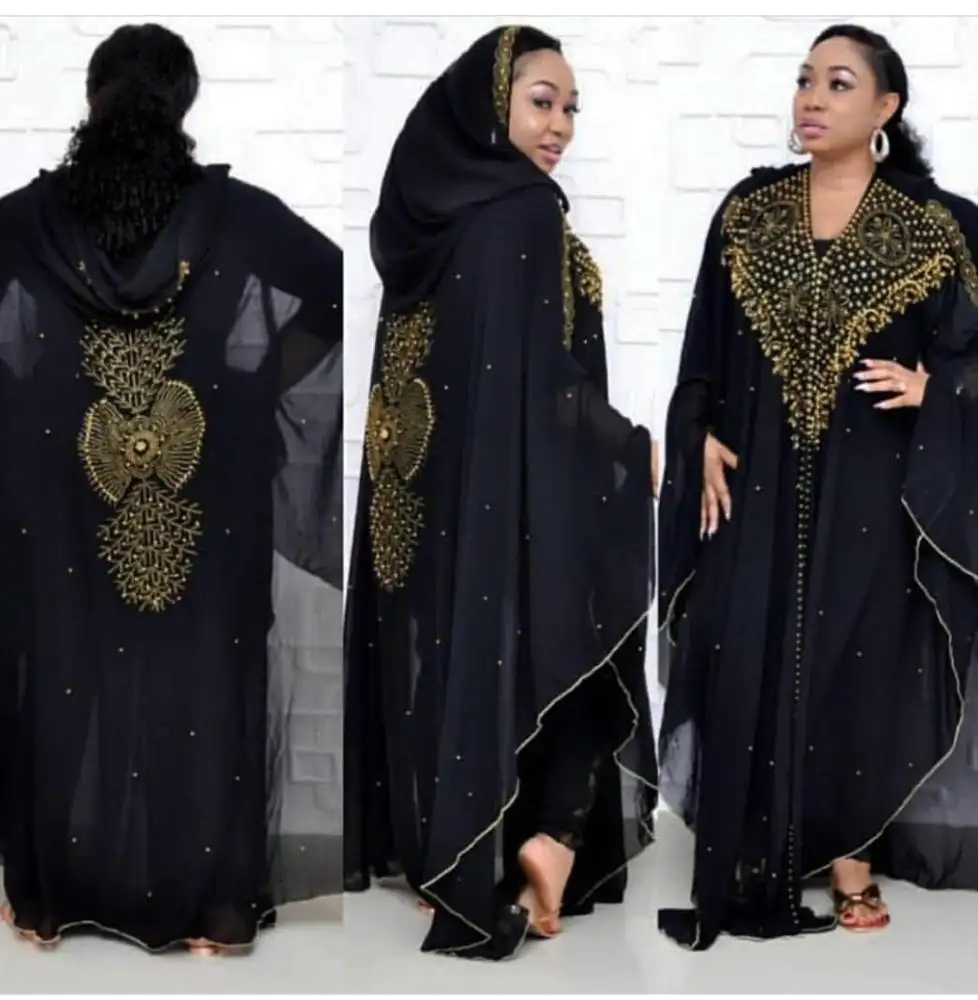 African hot-selling beaded long shawl hooded cloak muslim black cape style stone design abaya