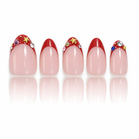 H005-14 Kaixin Faux Ongles Courts Amande à Coller, Effet Nude Transparent, French Manucure Rouge avec Strass Étoile, Faux Ongles Brillants