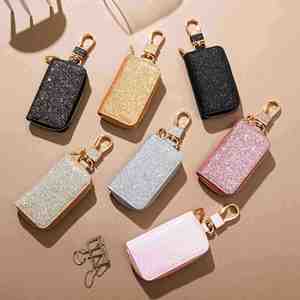 High Quality PU Leather Car Keychain Universal Car <b>Key</b> Bag Protective Cover Sequin Leather Metal Car Keychain - Product Image 2