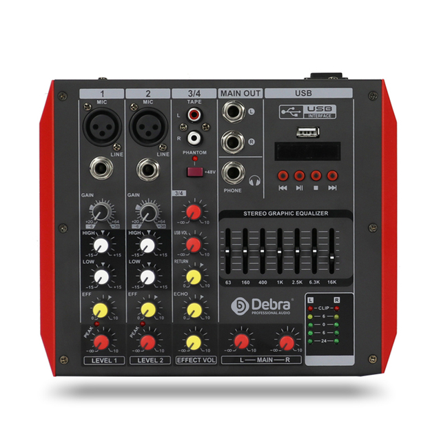 Professional Audio Mixer 4 Channels with 48V Phantom Power Stereo Output Usb Power Amplifier