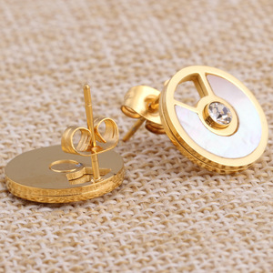 <b>Stud</b> <b>Earrings</b> 14MM Round Gold Shell Inlaid Bezel Setting Geometric Design Women's Fashion Jewelry - Product Image 4