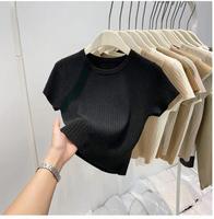 Pull court en tricot mince pour femme, t-shirt d'été décontracté, col rond, manches courtes, couleur unie