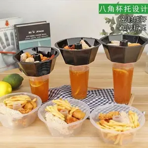 Popular Design Plastic Milk Tea Drinking Cups With Fruit Salad Snack Bowl Cup Holder