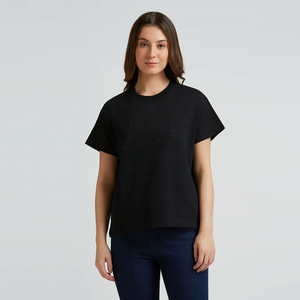 Camiseta de Cuello Redondo para Mujer, Apliques, Algodón Orgánico, Tela Suave, Manga Corta, Ropa Casual de Verano, Personalizable para Suministro al por Mayor - Product Image 1
