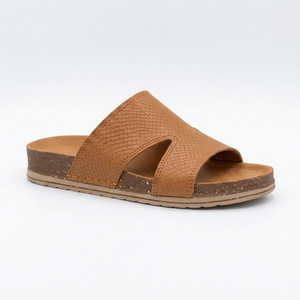 Brown Genuine Leather Flat <b>Sandals</b> Open Toe Slip-On <b>Cork</b> Midsole Rubber Outsole Summer Shoes Breathable Snakeskin Pattern - Product Image 1