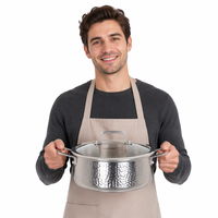 Marmite à soupe en acier martelé triple couche de 20-28 cm avec couvercle en verre à rebord large, ustensile de cuisson en acier inoxydable pour cuisinière à gaz et électrique