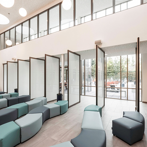 <span class=keywords><strong>Porte</strong></span> pivotante extérieure avant en <span class=keywords><strong>bois</strong></span> et verre avec design graphique artistique, verre trempé moderne, portes en acier inoxydable pare-balles JBD - Product Image 4