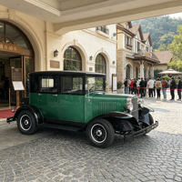 Voiture électrique vintage élégante vert foncé, type buggy, pour le transport de invités de mariage, avec moteur AC, 5-6 places, certifiée CE
