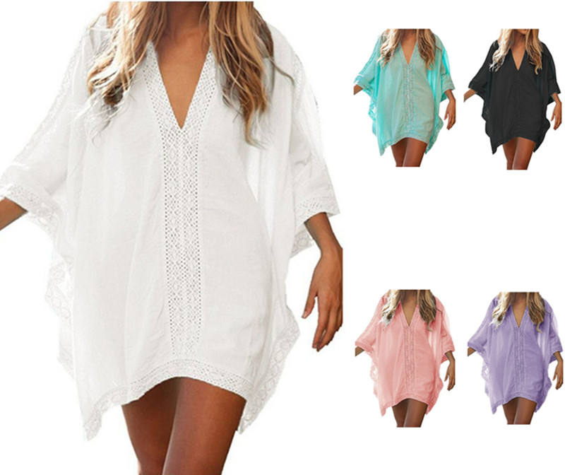 Plaj Cover Up elbise kadınlar dantel mayo kapak Ups yaz plaj kıyafeti Kaftan tunik Bikini kapak Ups Tops