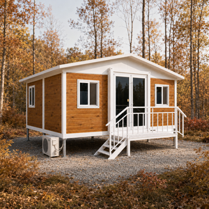 Casa Contenedor Modular Prefabricada Moderna de 20/40 Pies con Exterior de Madera, Detalles Blancos, Porche y Escalones - Product Image 1