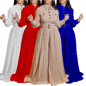 Combinaison plissée rouge élégante à manches longues pour <span class=keywords><strong>femme</strong></span>, taille plus, avec ceinture et poches, idéale pour le bureau, collection automne-hiver - Product Image 1