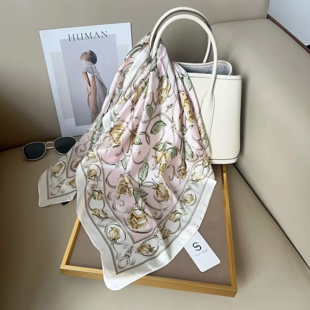 Lenço de seda pequeno estampado de luxo para mulheres, lenço quadrado com alça e bolsas decorativas para cabelos com logotipo