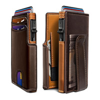 Dompet Kartu Kulit Asli Vintage Pria dengan RFID Blocking, Tempat Kartu Kredit Logam Otomatis Minimalis Tipis