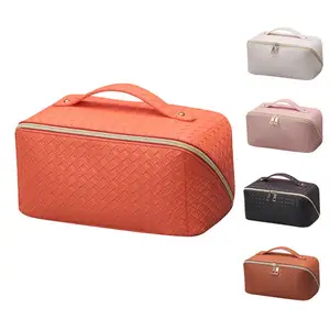 Hot Sale Style Woven Pu Leather Multi Pockets Large Capacity Pouch Makeup Bag Girls Cosmetic Bag