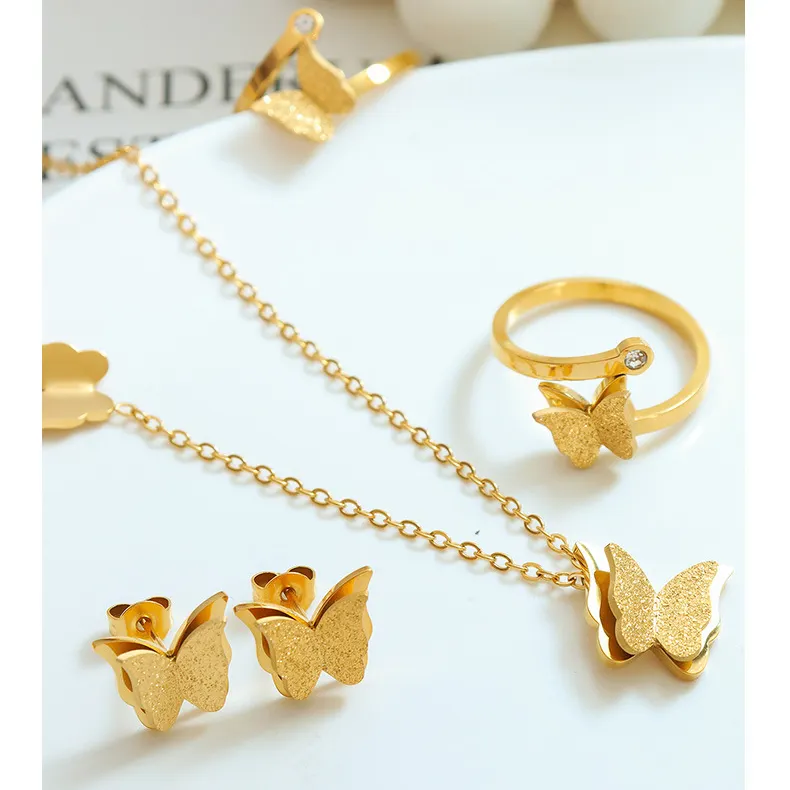 Set perhiasan berlapis emas 18K, Set cincin & kalung & anting kupu-kupu buram
