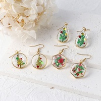 Boucles d'oreilles clous en acier inoxydable pour femme, motif éléments de Noël, fleurs séchées, arbres, résine, goutte d'eau, rondes et hexagonales