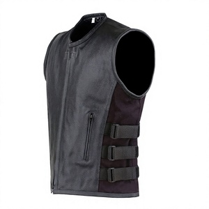 Gilet de moto respirant pour homme, couleur unie, col rond, sans manches, style urbain, longueur standard, en cuir - Product Image 1
