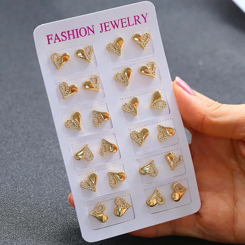 Flynee Korean Style Creative Mix Stud Earring Set Heart/Love/Cross Stud Earrings 18K Gold Plated Zircon Studs Earrings