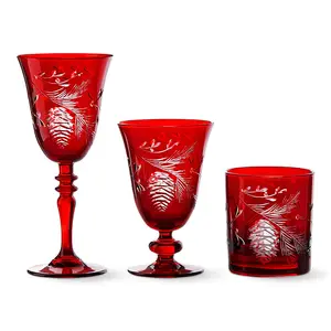 高級ガラス製品刻印パインコーンハンドカットゴブレット赤色ワイングラスヴィンテージエッチングウォーターゴブレットガラスタンブラー