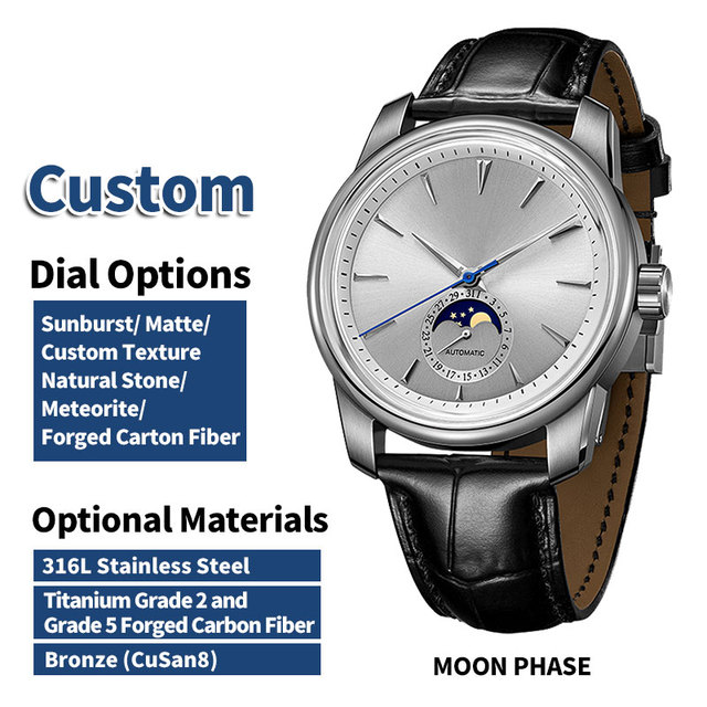 OEM ODM Manufacturer Custom Watch with logo Branding Moon Phase Mechanical Men Wristwatch NH35 Automatic Grey Sunray Dial