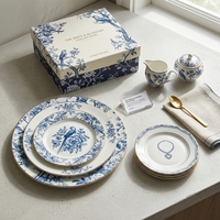 Service d'assiettes de luxe en porcelaine fine, motif élégant, céramique, vintage, motif oiseau bleu, bord doré, vaisselle de table pour boutique et détaillants