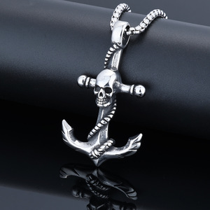 Bijoux Vintage <span class=keywords><strong>Viking</strong></span> en Acier Inoxydable, Pendentif Crâne Ancre Punk en Titane, Collier Crâne de Pirate Marin pour Hommes et Femmes - Product Image 1