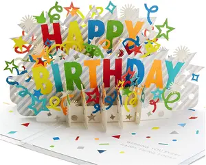 Cartões de aniversário 3d pop up, cartões de visita de bolo de aniversário com corte a laser