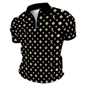 Polo décontracté pour homme à manches courtes, imprimé noir et or, avec fermeture éclair, en polyester tissé respirant, coupe classique - Product Image 1