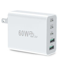Chargeur rapide HNT 60W GaN 5-en-1 PD3.0 QC, chargeur mural 3 ports Type-C 2 ports USB-A, adaptateur de voyage portable, source d'usine pour smartphone