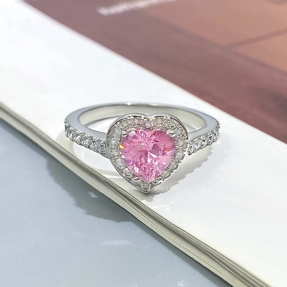 Anel de coração de zircônia rosa de prata esterlina delicada com novo design de joias da moda