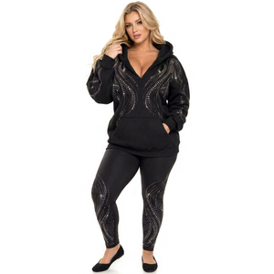 <b>Women</b> Front Logo Rhinestone <b>Velour</b> Embroidered Hooded <b>Tracksuit</b> Sweatshirt Fleece Pullover Oversized Streetwear Spring Wear 160g - Product Image 1