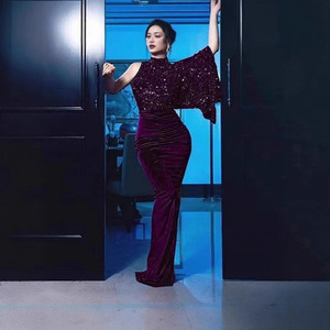 Robe de soirée asymétrique à sequins pour femme, col montant, longue, moulante, violette et bleue, en polyester, tenue de cérémonie - Product Image 4