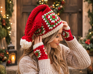 <b>Christmas</b> Crochet Hat and Glove Set <b>Red</b> White Green Knit Beanie Mitten Set Winter Party <b>Dress</b> Up <b>for</b> Women - Product Image 3