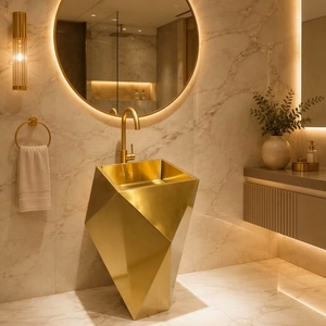 Lavabo a <span class=keywords><strong>colonna</strong></span> freestanding di lusso in acciaio inossidabile oro spazzolato <span class=keywords><strong>con</strong></span> rubinetto dorato per <span class=keywords><strong>bagno</strong></span> di hotel e ville - Product Image 5